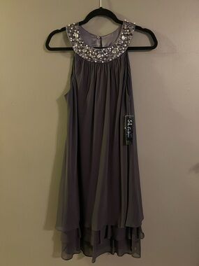 SL Fashions Purple Sleeveless Embellished High-Low Midi Dress